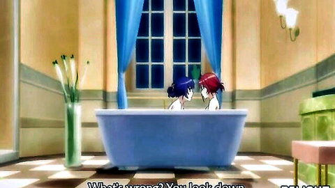 Two anime girls with black and red hair sharing intimate bath in Qwaser of Stigmata