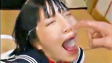 Japanese schoolgirl facial cumshot after deepthroat blowjob