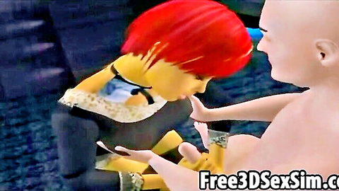 3D animated redhead cartoon babe riding hard cock in sexy dress