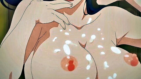 Hentai anime girl with massive tits covered in cum, bukkake finish