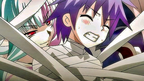 Anime couple bound in white bandages, blushing and surprised expressions from Monster Quest 2