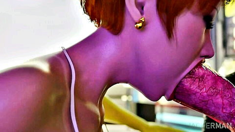 Redhead Asian woman sucking large purple tentacle dildo in sci-fi lab scene
