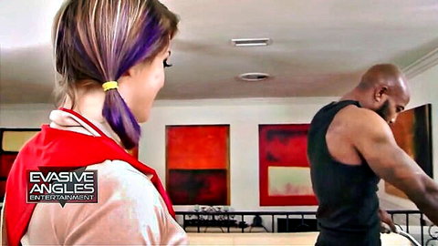 Blonde Sierra glances back at muscular Wes in teasing interracial setup