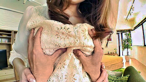 Akiho Yoshizawa squeezing breasts in sheer lace top, JAV tease