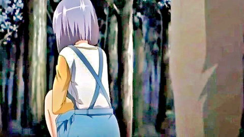 Anime hentai girl with purple hair in overalls crouching in forest, Oni Chichi 2 scene