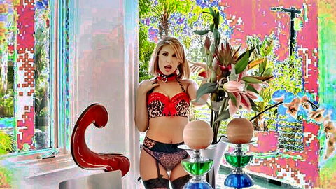 August Ames curvy blonde in red leopard lingerie and stockings