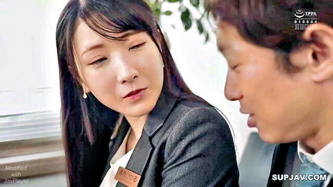 Asian office lady in blazer and boss talking closely, JAV softcore scene