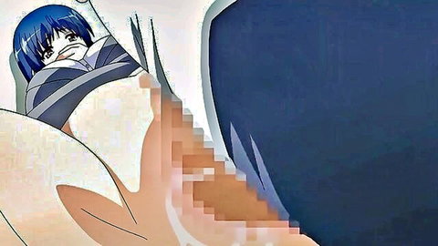 Censored blue-haired anime girl bound in white sheets, exposing thighs in hentai scene