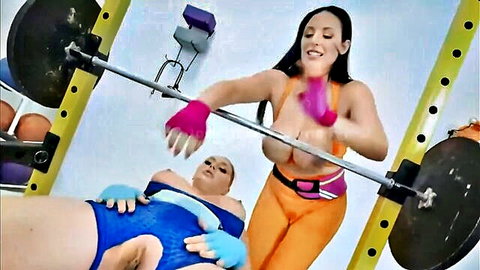 Angela White and busty partner in revealing gym workout threesome tease