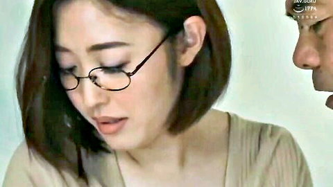 Asahi Mizuno in close-up JAV intimate scene, glasses and short hair, reluctant vibe