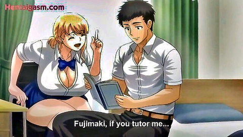 Blonde hentai schoolgirl in uniform teasing tutor with big breasts