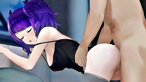 Purple-haired hentai girl in black lingerie fucked doggy style by muscular guy grabbing her big ass and tits