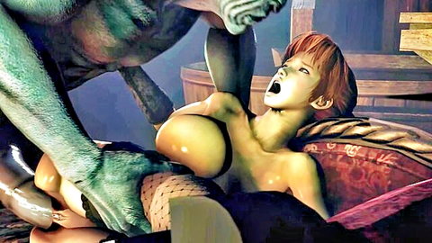3D monster anal sex with busty redhead slut in stockings