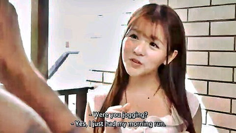 Asian woman in white top after morning jog talks to black neighbor with bulge