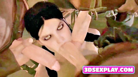 Animated pale heroine with black hair in intense gangbang with multiple cocks