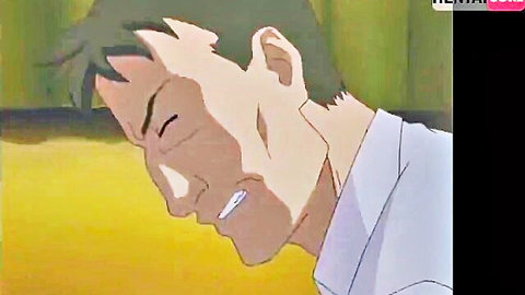 Hentai anime guy with green hair grimaces in ecstasy gritted teeth squinted eyes pleasure face