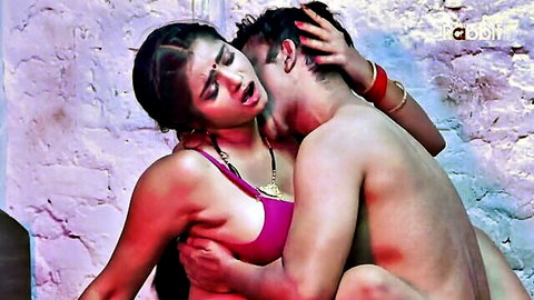 Indian MILF in pink bra moans ecstatically as naked muscular man roughly kisses her neck from behind