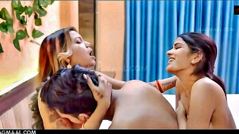 Two busty topless Indian women moan as muscular guy gropes their big tits in steamy threesome.