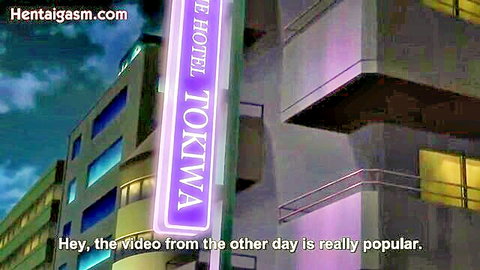 Anime hentai scene from Mesu Saga Persona 1 at neon Tokyo Hotel, girls chatting about popular video