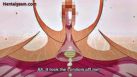 Hentai anime close-up of condom removal from pink pussy