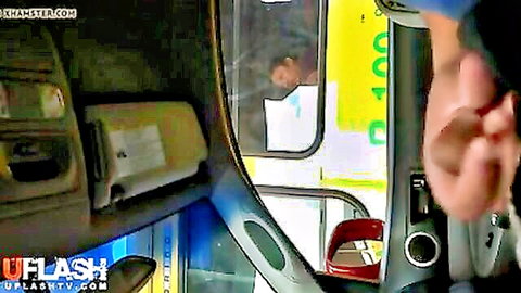 Bus driver flashes dick at staring woman in public transport mirror view