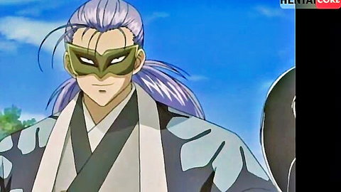 Hentai anime thumbnail of masked purple-haired warrior in traditional kimono