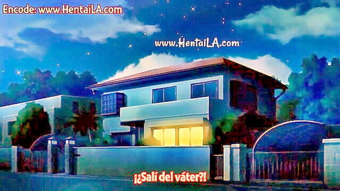 Anime hentai house exterior at night under starry sky with glowing windows