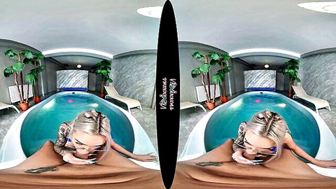 Blonde tattooed babe with dildo in bubble pool VR splash fun