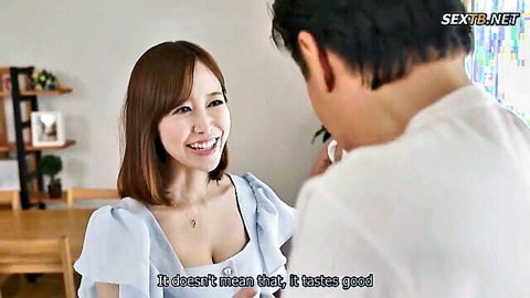 Yuu Shinoda smiling in blue off-shoulder top, JAV cheating scene with English subs