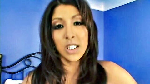 South Asian brunette with small tits moans topless in blue bedroom POV