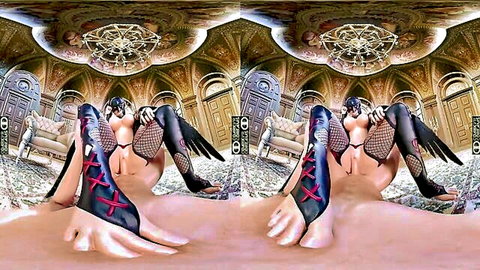 VR big tits solo babe spreads fishnet-clad legs wide showing shaved pussy and huge boobs