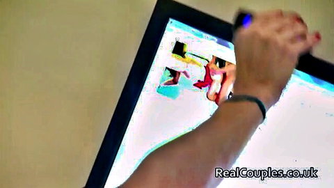 Amateur hand drawing colorful sketches on tablet screen in real couples webcam tease