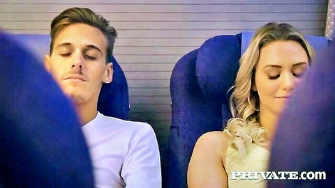 Blonde Mia naps with man in airplane seats, mile high club tease