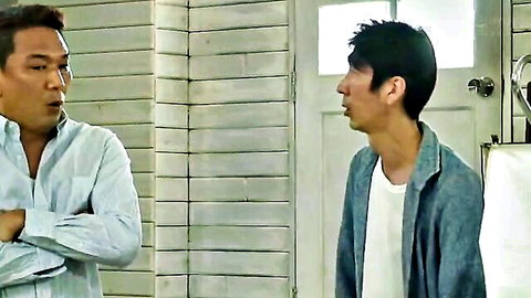 Two Asian men in tense conversation from shocking wife cuckold JAV adultery video