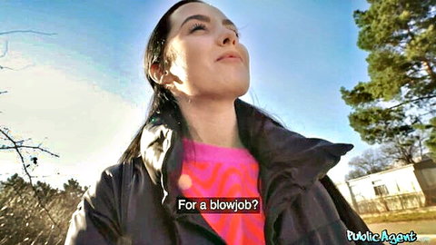 Zoe Doll surprised in outdoor public agent scene, questioning blowjob offer