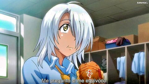 White-haired anime girl in blue shirt holding orange hat, pondering mistake