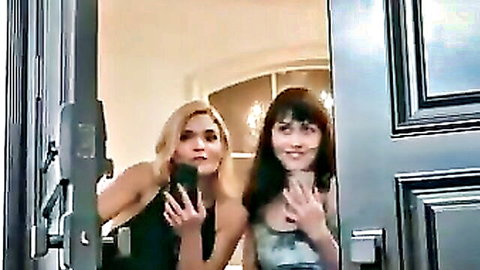 Aubrey Black blonde milf and brunette friend selfie at door in sexy outfits