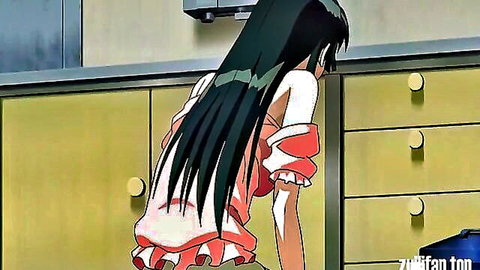 Anime girl in pink frilly dress bending over teasingly from behind