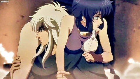 Anime fanservice embrace: blonde and dark-haired women in revealing outfits from BASTARD!!