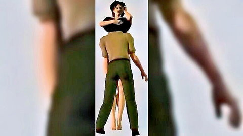 Topless brunette woman carried piggyback by man in casual clothes