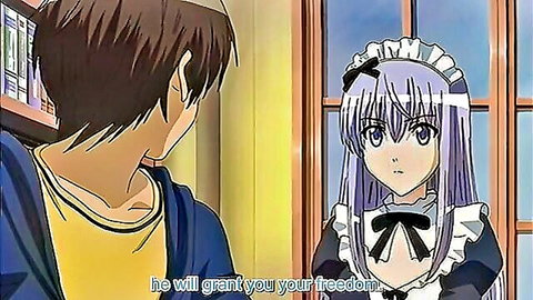Purple-haired anime maid in dialogue with guy, Kanojo ep1 hentai teaser