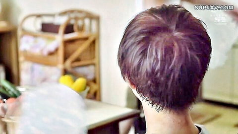 Aika Yumeno back view in countryside kitchen, short hair