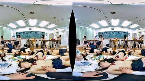 Japanese schoolgirls in uniforms lying exposed in JAV VR orgy