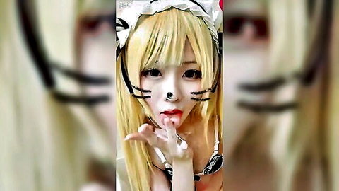 Cute Korean girl ahegao face in cat cosplay lingerie