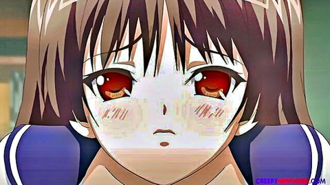 Blushing anime teen schoolgirl with red eyes in sailor uniform