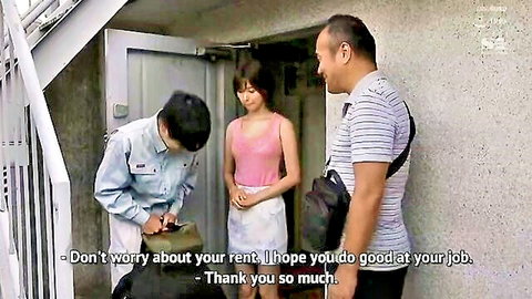Japanese wife in pink top pleads with landlord over rent outside door