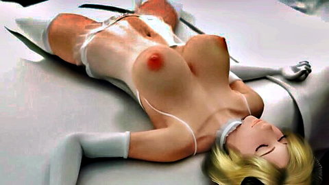 Blonde succubus in sheer white lingerie with exposed breasts, lying seductively