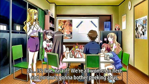 Busty anime women in short skirts and blouses during a group meeting scene