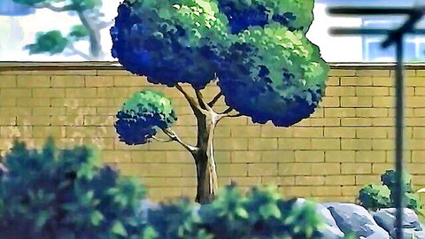 Anime-style tree and bushes against brick wall in garden scene for Gorgeous Mom Taboo video