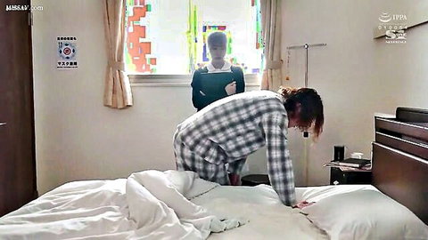 Skinny Japanese guy in plaid pajamas bends over bed showing average ass as another watches in bedroom